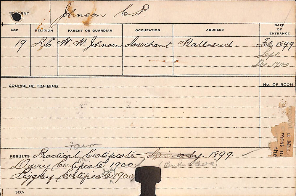 JOHNSON, Claude Parker (Practical Certificate/ Dairy Certificate/ Piggery Certificate)
