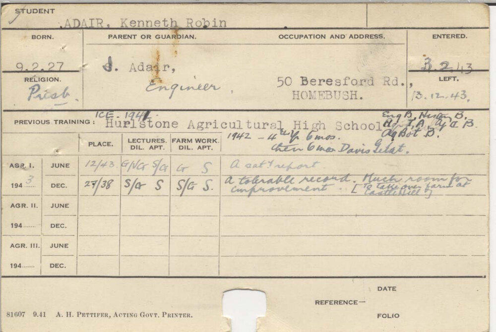 ADAIR, Kenneth Robin (Course Not Identified)