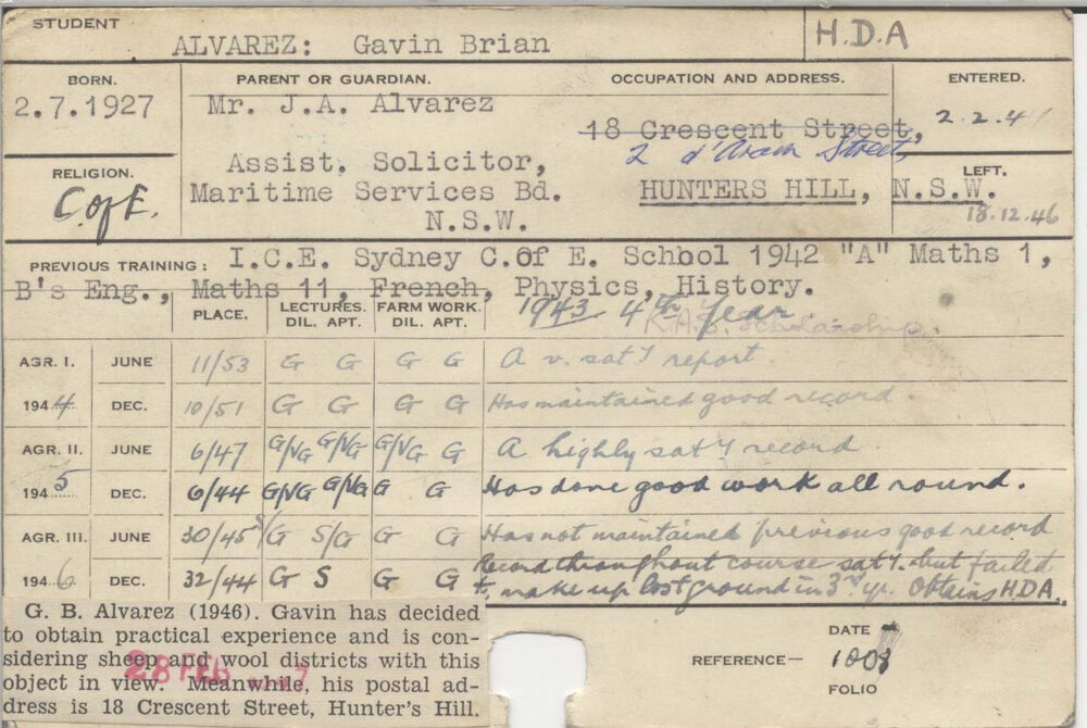 ALVAREZ, Gavin Brian (Hawkesbury Diploma of Agriculture (HDA))