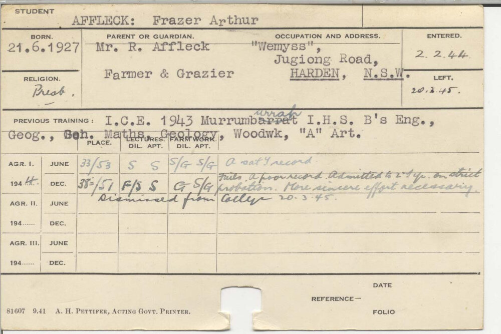 AFFLECK, Frazer Arthur (Course Not Identified)