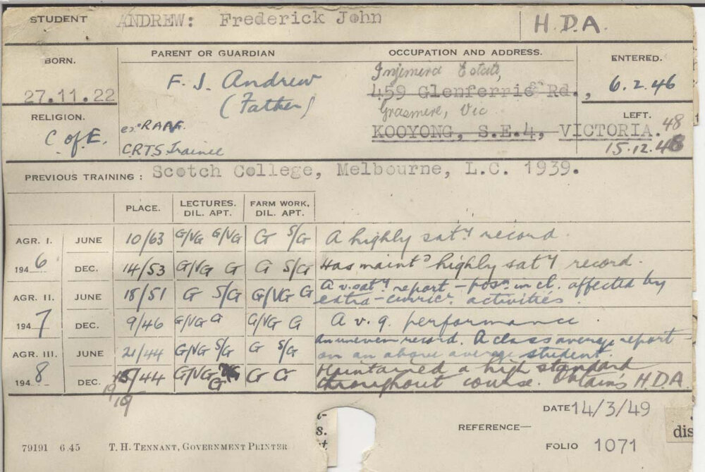 ANDREW, Frederick John (Hawkesbury Diploma of Agriculture (HDA))