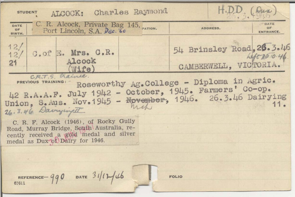 ALCOCK, Charles Raymond (Certificate - Dairy 2)