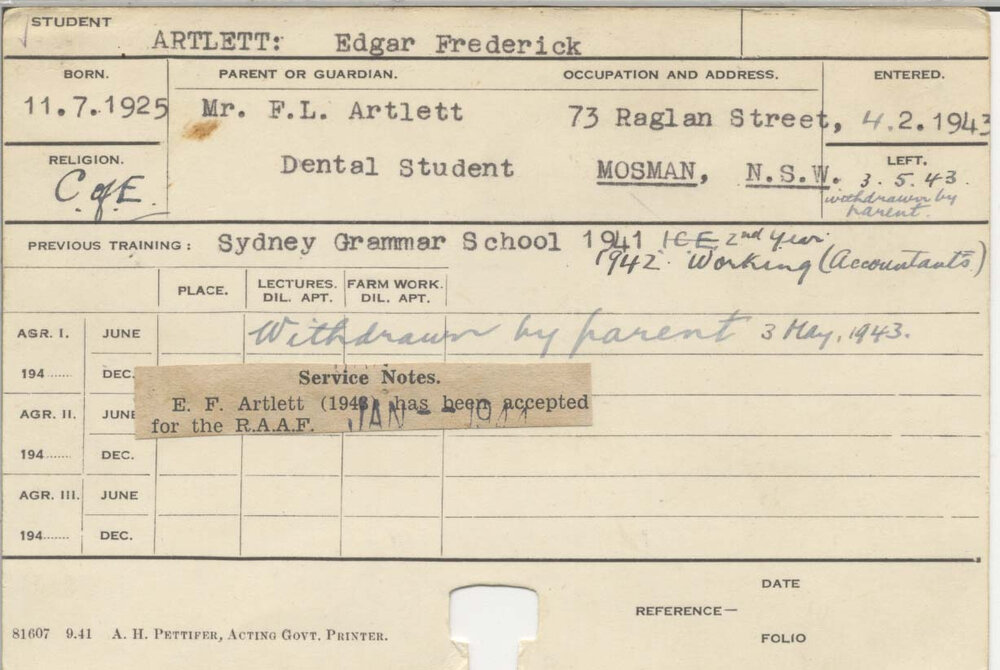 ARTLETT, Edgar Frederick (Hawkesbury Diploma of Agriculture (HDA))