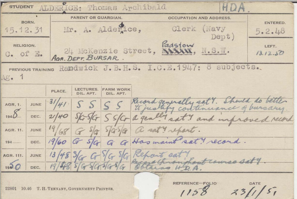 ALDERDICE, Thomas Archibald (Hawkesbury Diploma of Agriculture (HDA))