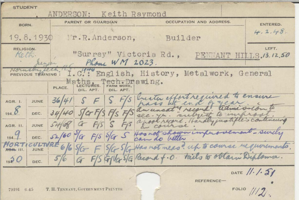 ANDERSON, Keith Raymond (Hawkesbury Diploma - Agriculture &amp; Horticulture)
