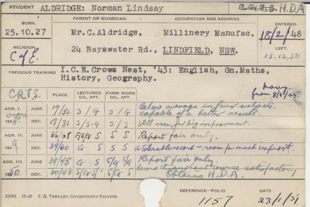 ALDRIDGE, Norman Lindsay (Hawkesbury Diploma of Agriculture (HDA))