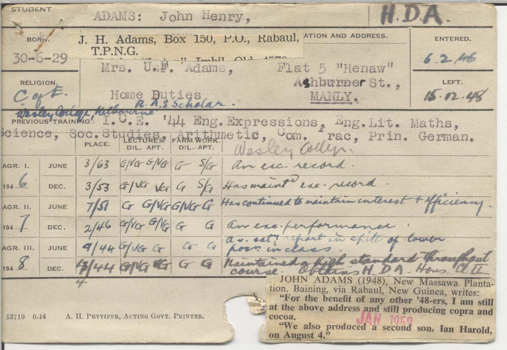 ADAMS, John Henry (Hawkesbury Diploma of Agriculture (HDA))