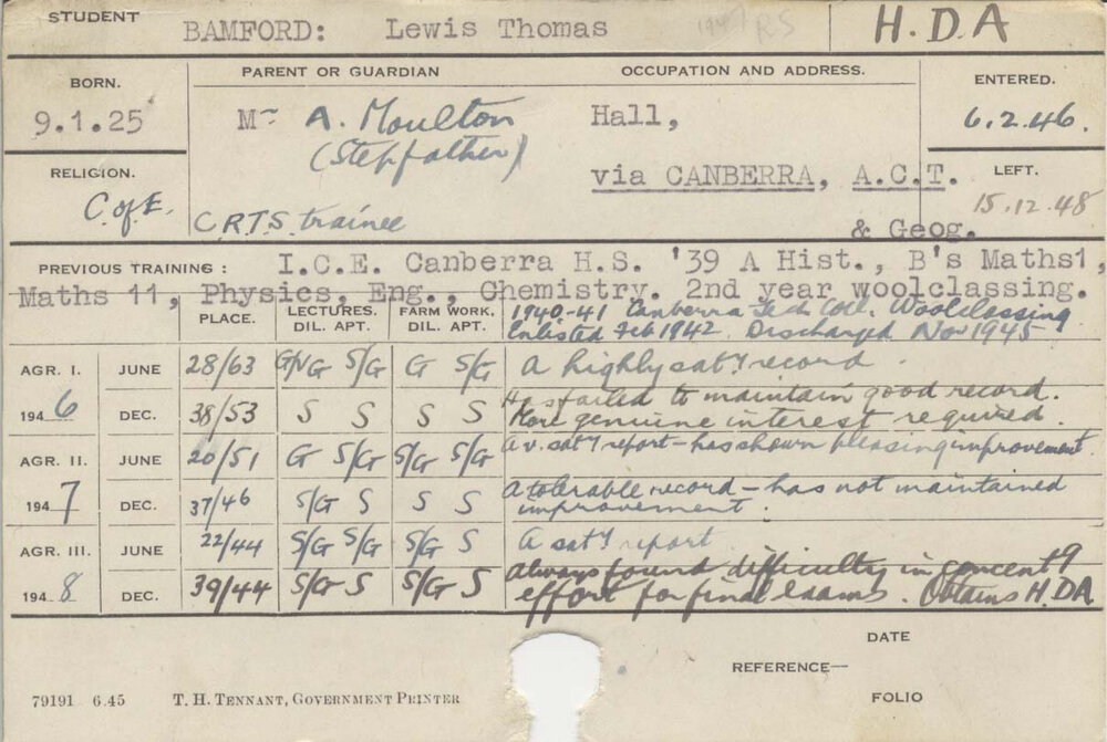 BAMFORD, Lewis Thomas (Hawkesbury Diploma of Agriculture (HDA))