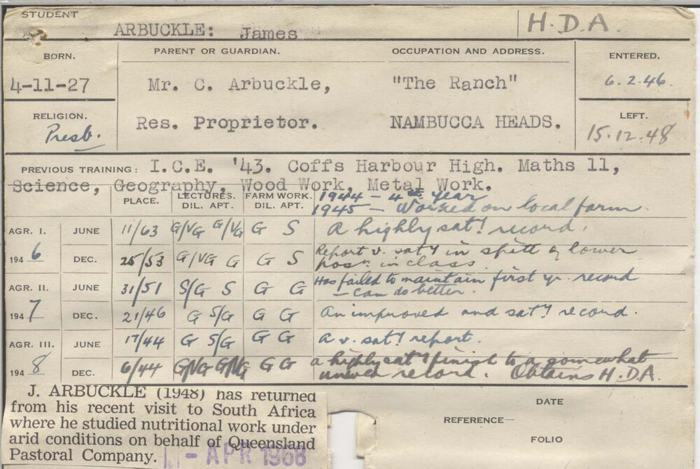 ARBUCKLE, James (Hawkesbury Diploma of Agriculture (HDA))