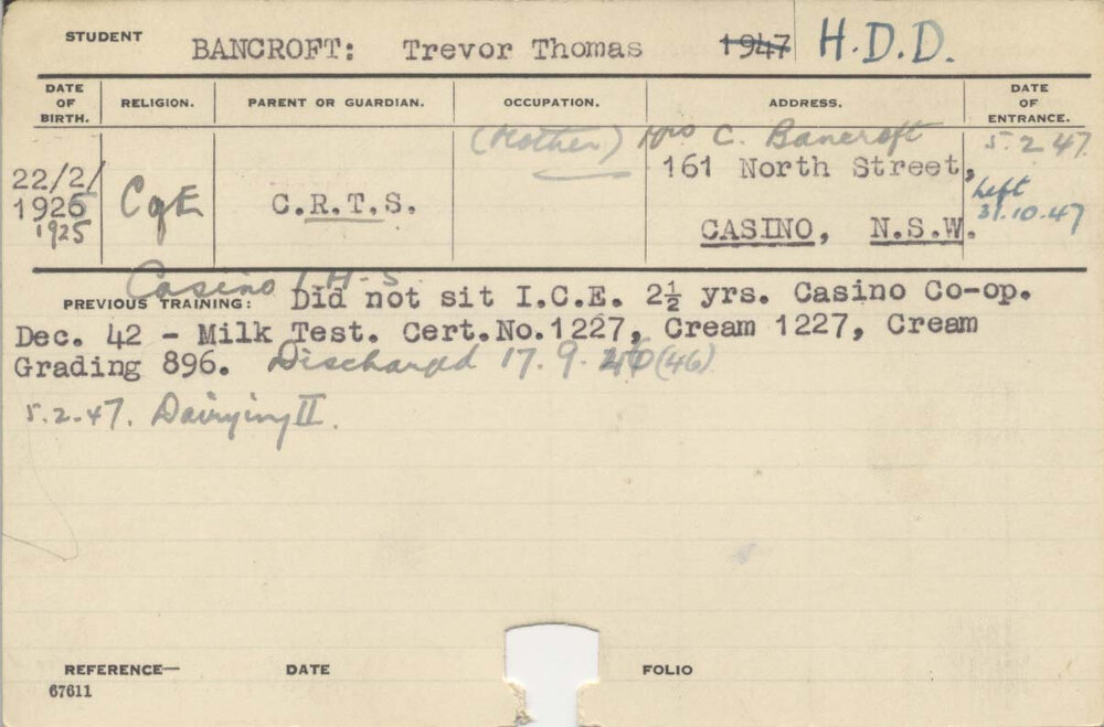 BANCROFT, Trevor Thomas (Hawkesbury Diploma in Dairying (HDD))