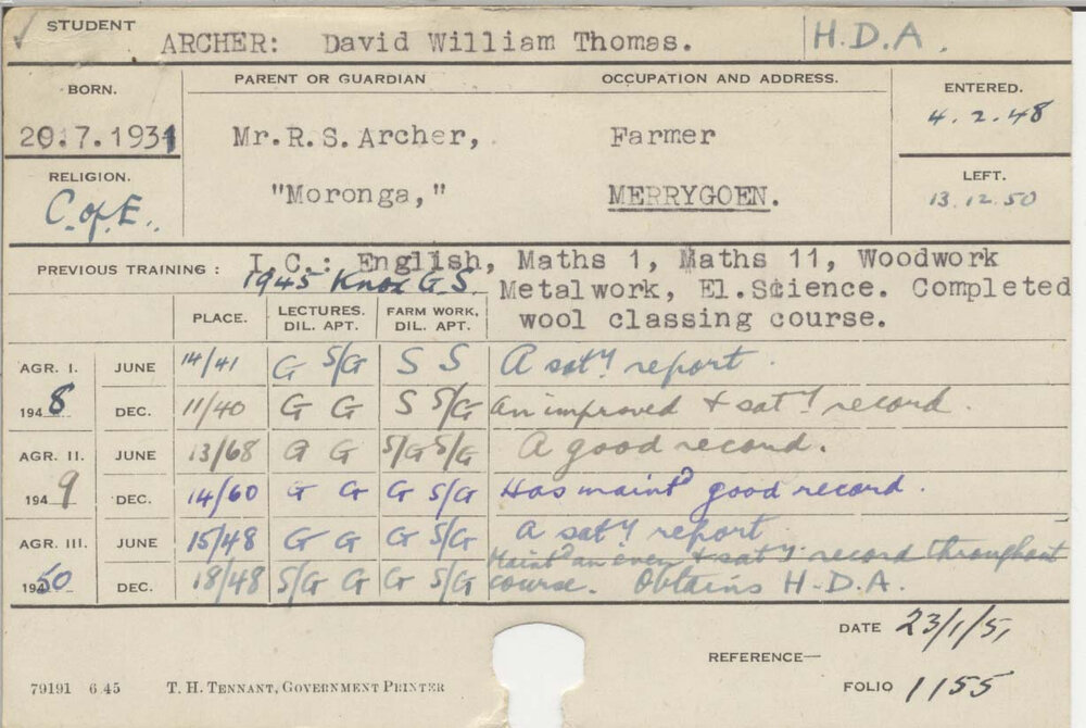 ARCHER, David William Thomas (Hawkesbury Diploma of Agriculture (HDA))