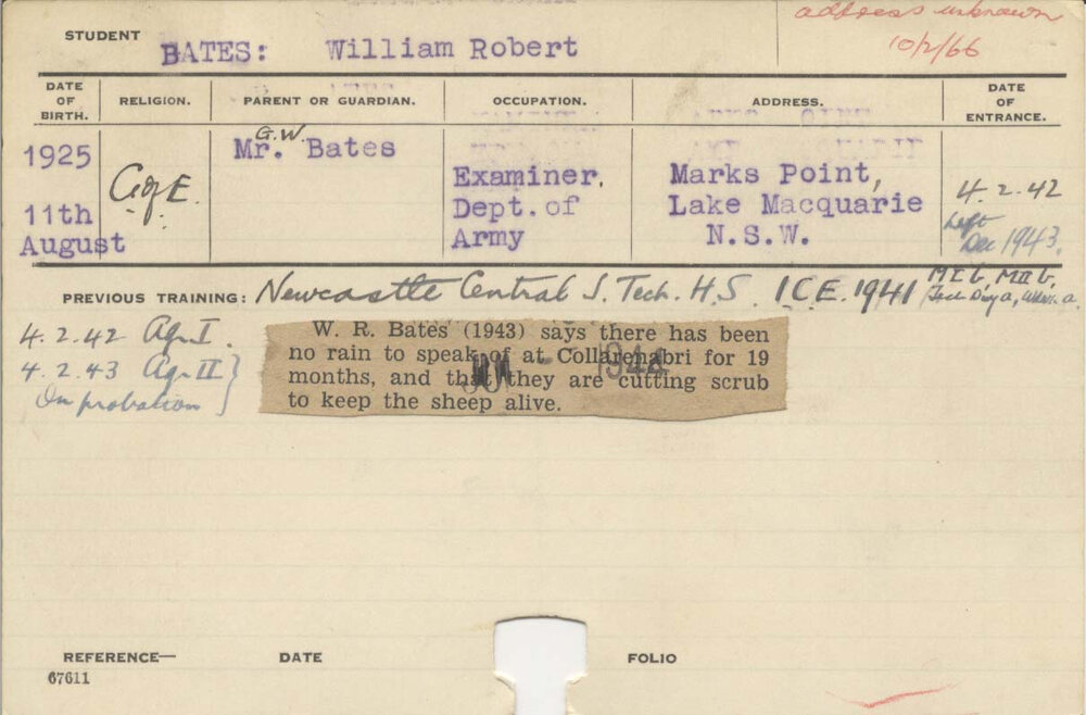 BATES, William Robert (Hawkesbury Diploma of Agriculture (HDA) (Gained first &amp; Second year certificate))