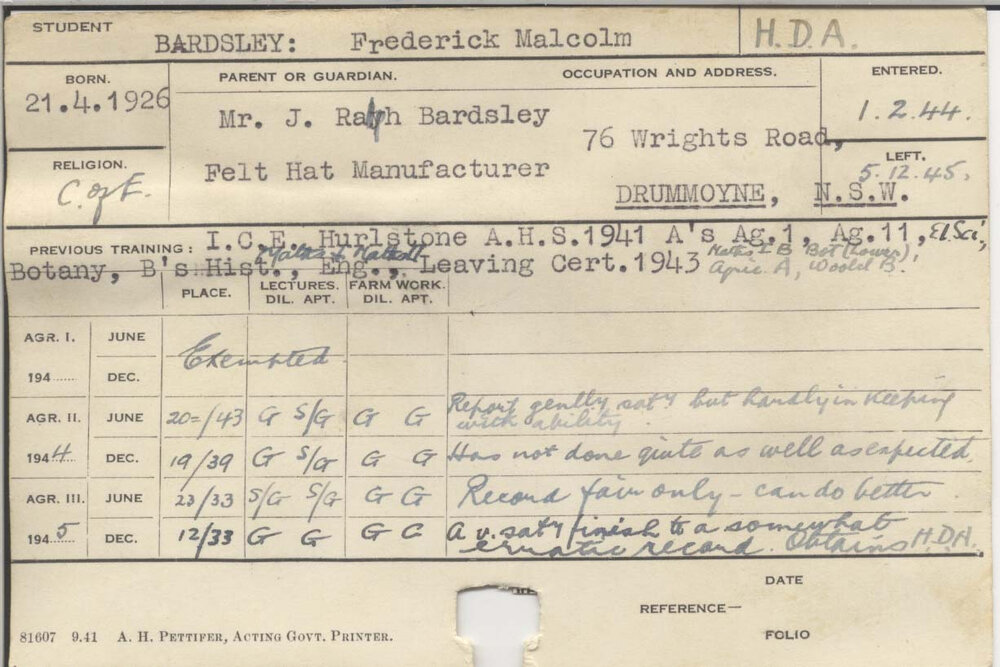 BARDSLEY, Frederick Malcolm (Hawkesbury Diploma of Agriculture (HDA))