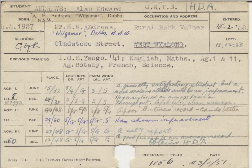 ANDREWS, Alan Edward (Hawkesbury Diploma of Agriculture (HDA))