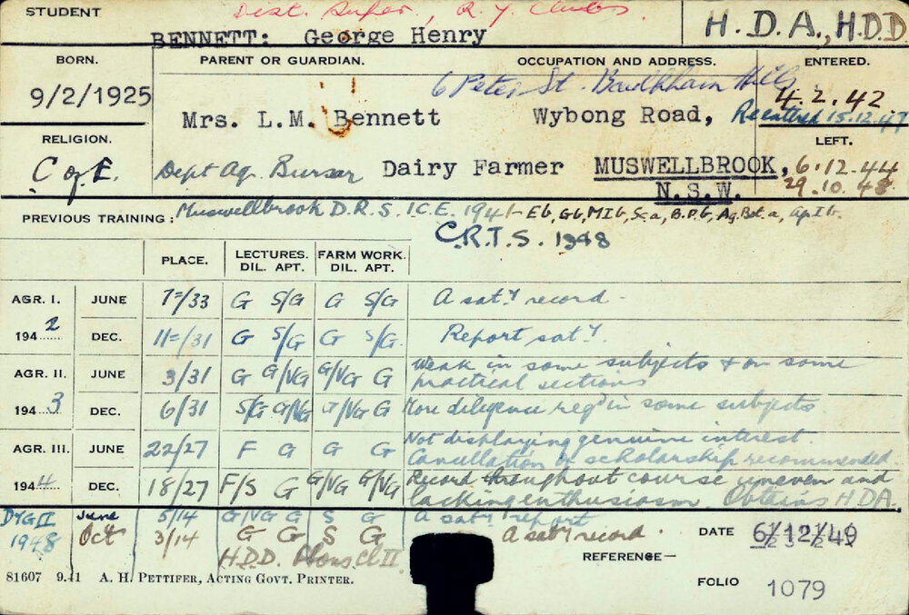 BENNETT, George Henry (Hawkesbury Diploma of Agriculture (HDA) &amp; Hawkesbury Diploma of Dairying)