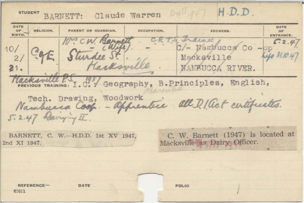 BARNETT, Claude Warren (Hawkesbury Diploma in Dairying (HDD))