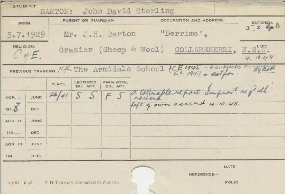 BARTON, John David Sterling (Course Not Identified)
