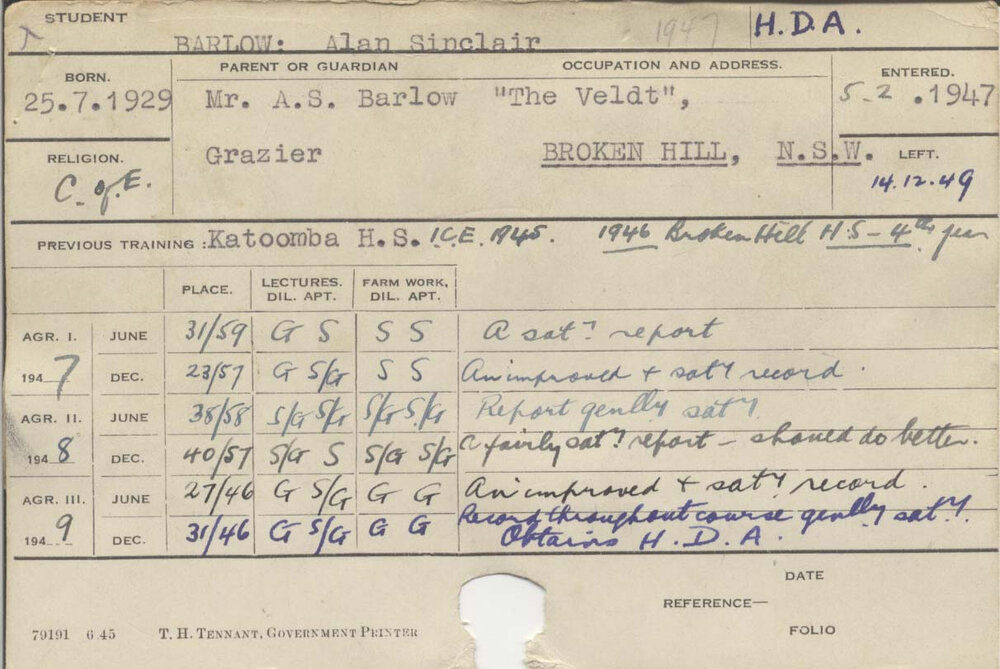 BARLOW, Alan Sinclair (Hawkesbury Diploma of Agriculture (HDA))