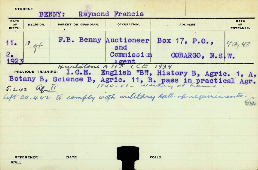 BENNY, Raymond Francis (Hawkesbury Diploma of Agriculture (HDA) (Withdrawn for military service))