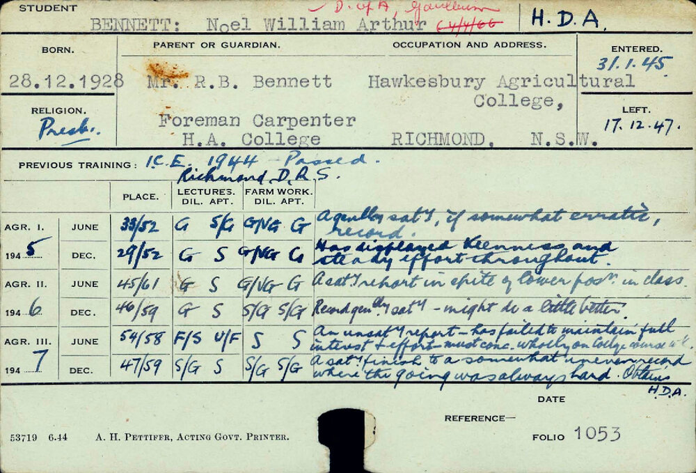 BENNETT, Noel William Arthur (Hawkesbury Diploma of Agriculture (HDA))