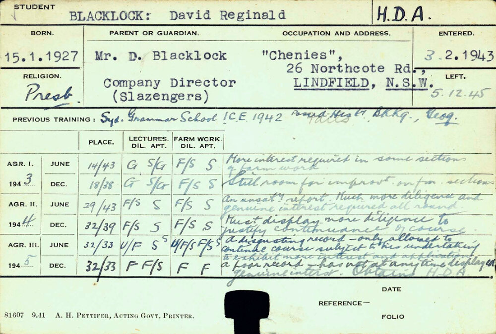 BLACKLOCK, David Reginald (Hawkesbury Diploma of Agriculture (HDA))