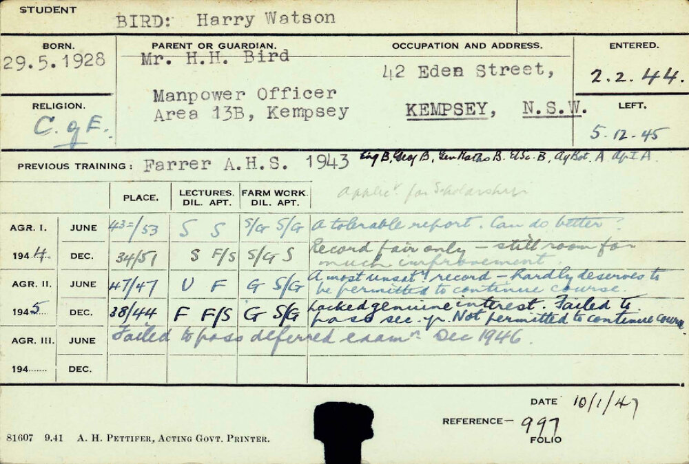 BIRD, Harry Watson (Course Not Identified)