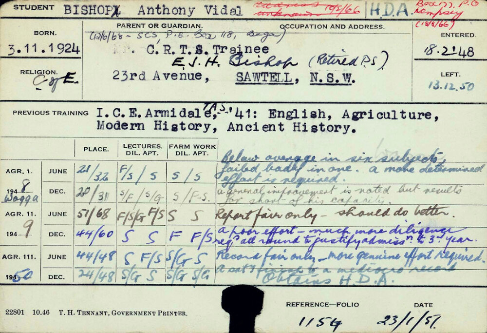 BISHOP, Anthony Vidal (Hawkesbury Diploma of Agriculture (HDA))