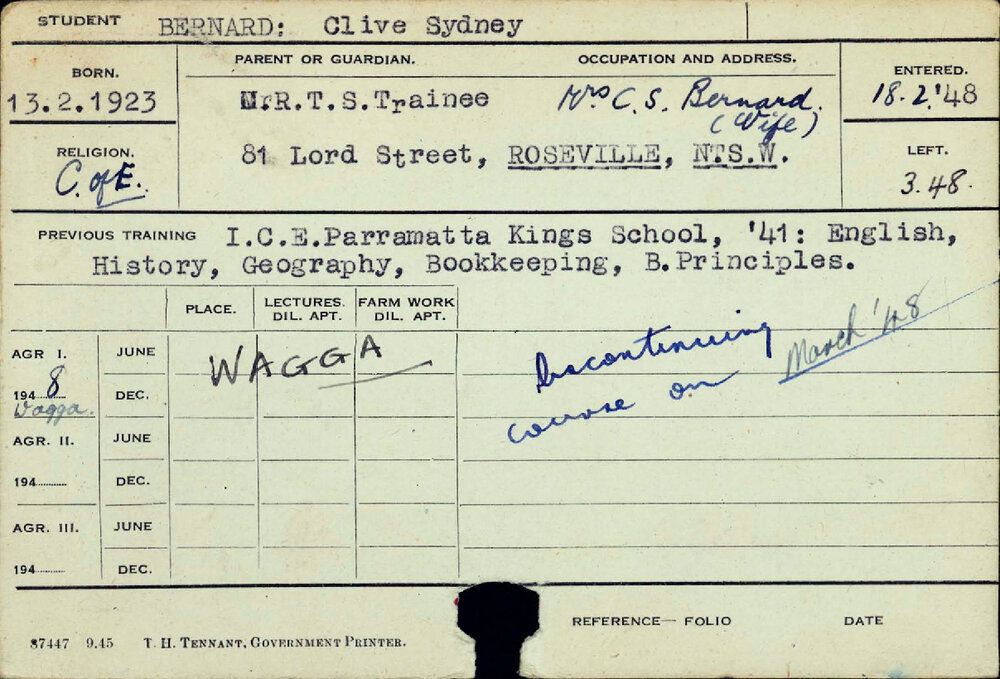 BERNARD, Clive Sydney (Hawkesbury Diploma of Agriculture (HDA))