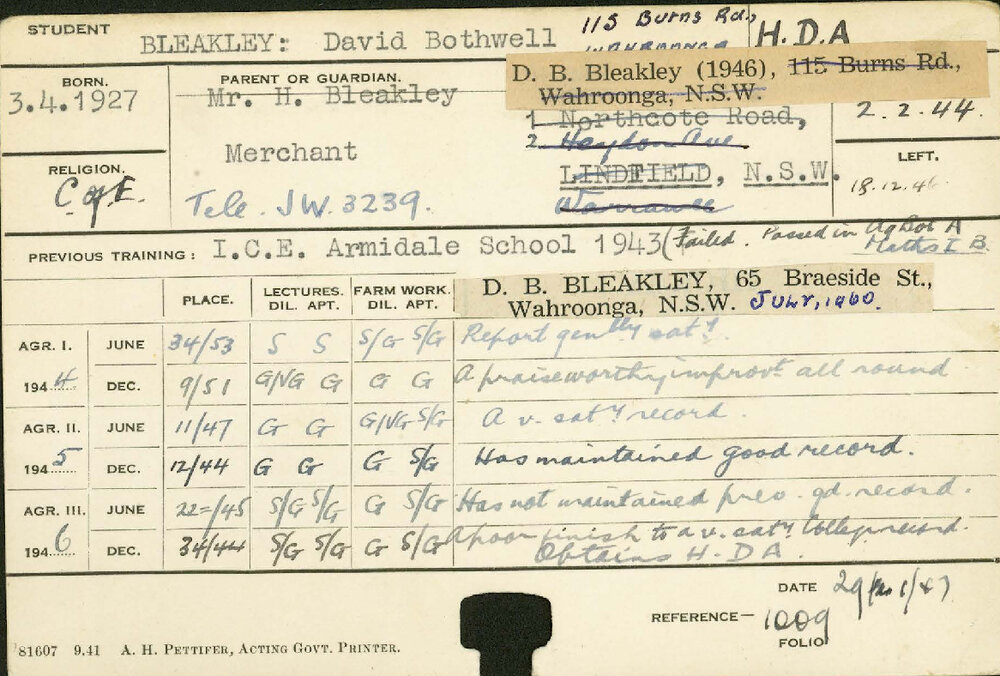 BLEAKLEY, David Bothwell (Hawkesbury Diploma of Agriculture (HDA))