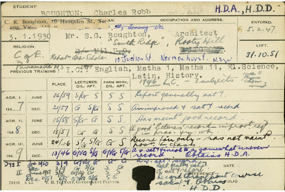 BOUGHTON, Charles Robb (Hawkesbury Diploma of Agriculture (HDA)/ Hawkesbury Diploma in Dairy Technology (HDDT))