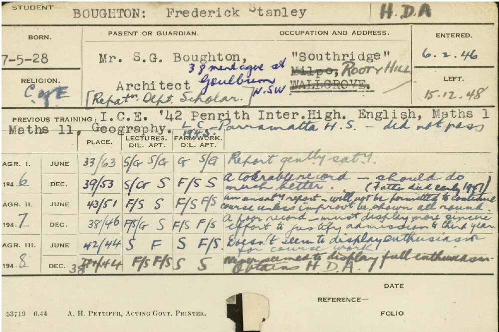 BOUGHTON, Frederick Stanley (Hawkesbury Diploma of Agriculture (HDA))