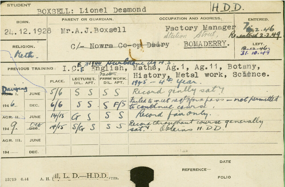 BOXSELL, Lionel Desmond (Hawkesbury Diploma in Dairy Technology (HDDT))