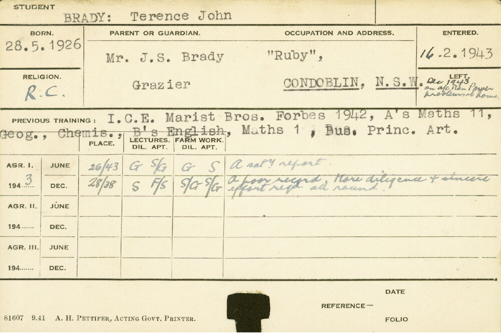 BRADY, Terence John (Hawkesbury Diploma of Agriculture (HDA))