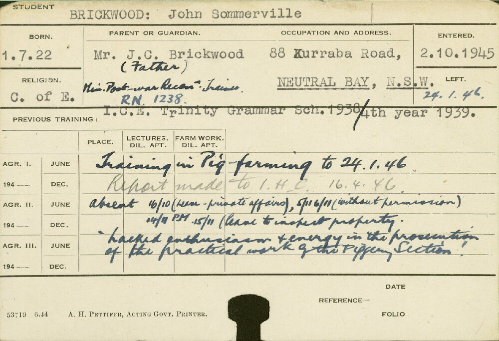 BRICKWOOD, John Sommerville (Training in Pig farming)