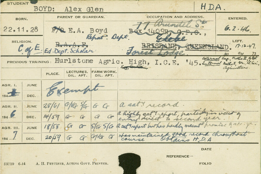 BOYD, Alex Glen (Hawkesbury Diploma of Agriculture (HDA))