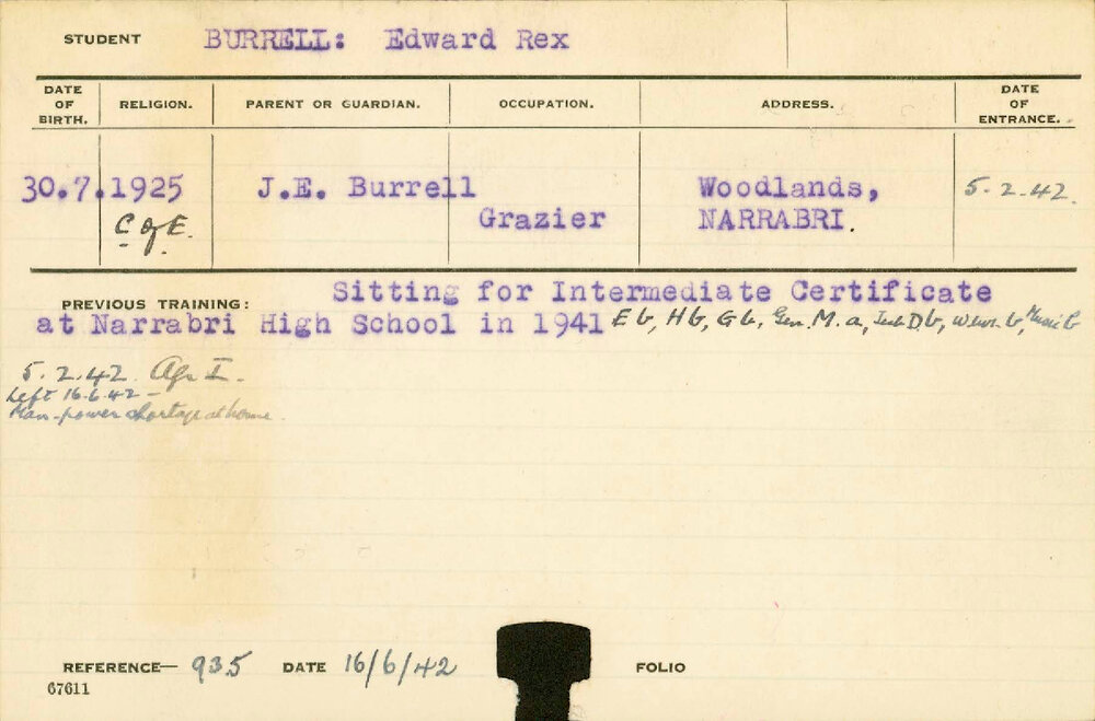 BURRELL, Edward Rex (Hawkesbury Diploma of Agriculture (HDA) - First Year Certificate)