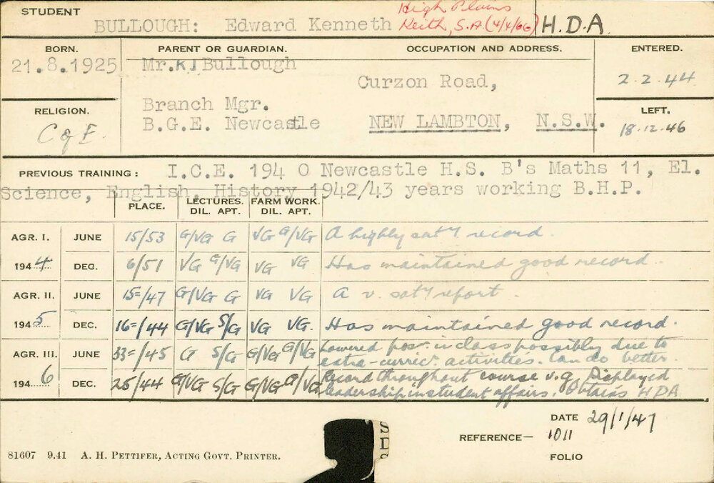 BULLOUGH, Edward Kenneth (Hawkesbury Diploma of Agriculture (HDA))