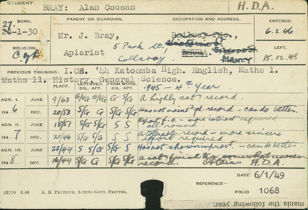 BRAY, Alan Cousan (Hawkesbury Diploma of Agriculture (HDA))