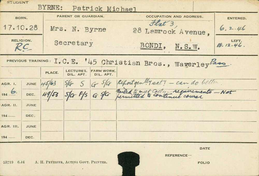 BYRNE, Patrick Michael (Hawkesbury Diploma of Agriculture (HDA))