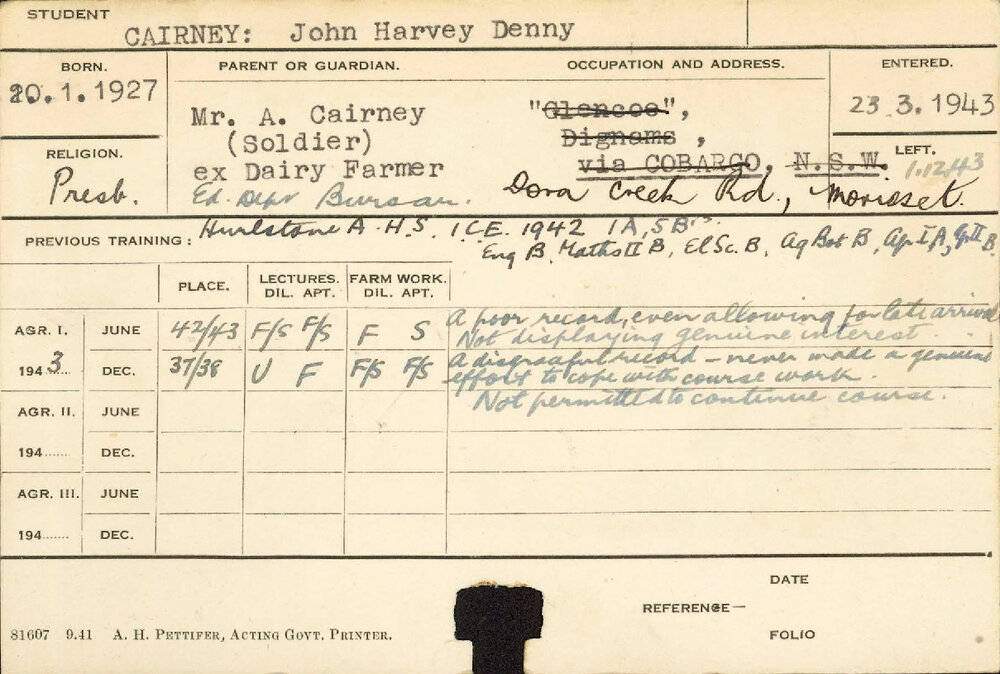 CAIRNEY, John Harvey Denny (Hawkesbury Diploma of Agriculture (HDA))