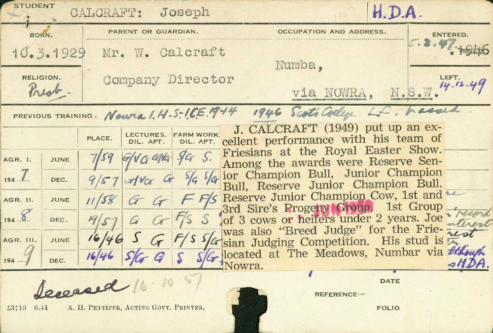 CALCRAFT, Joseph (Hawkesbury Diploma of Agriculture (HDA))
