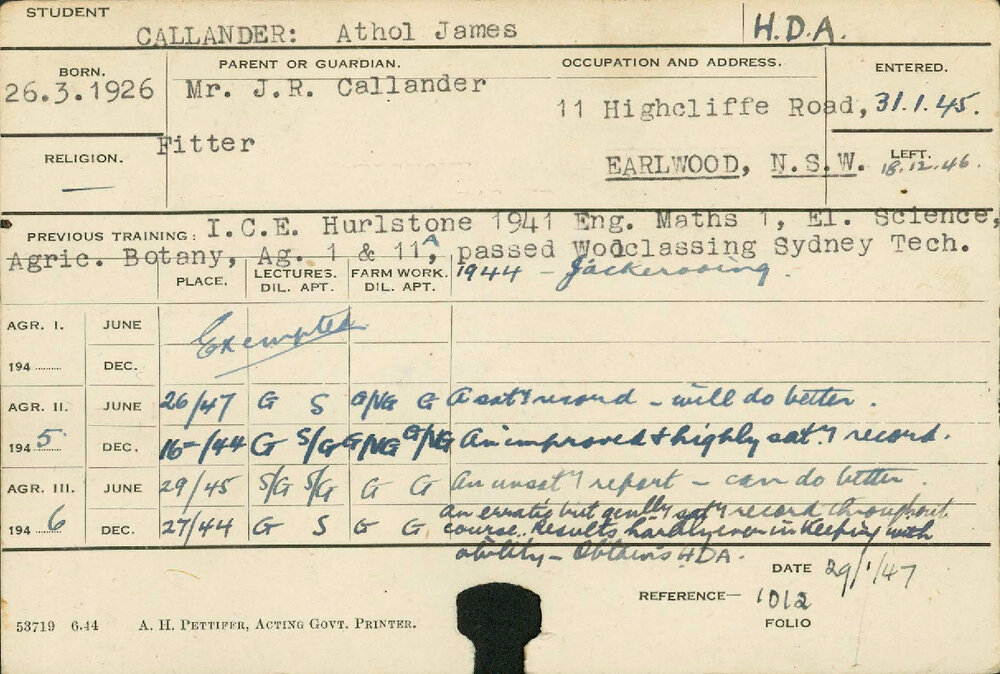 CALLANDER, Athol James (Hawkesbury Diploma of Agriculture (HDA))
