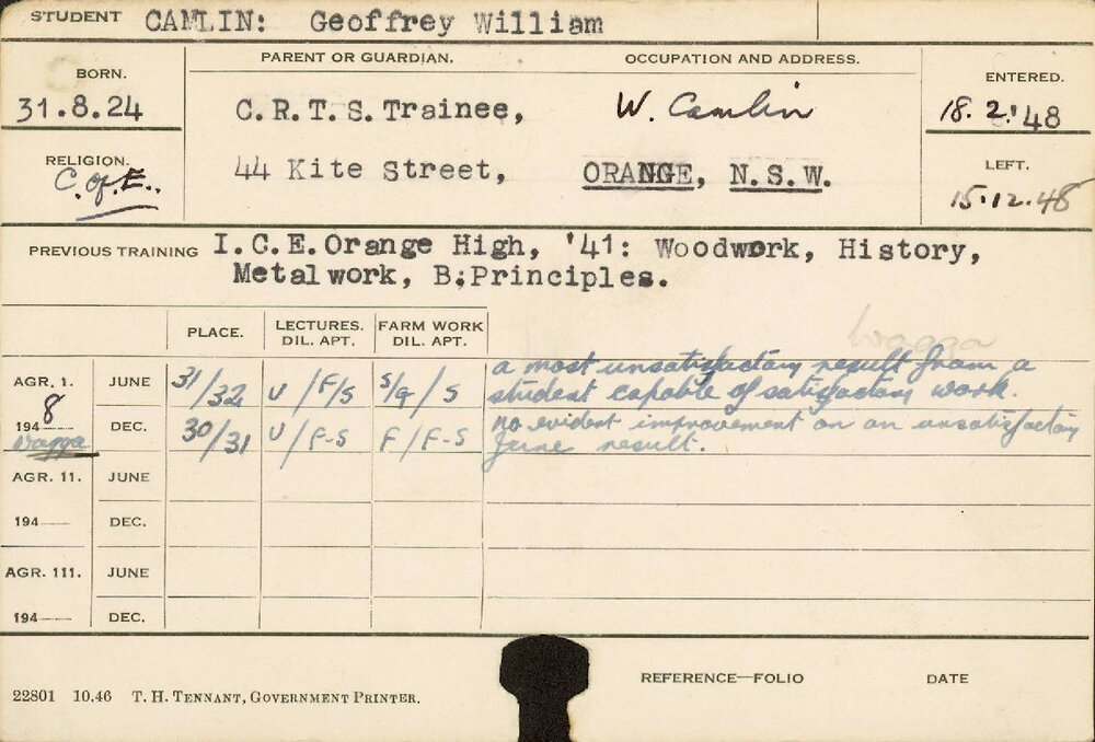 CAMLIN, Geoffrey William (Hawkesbury Diploma of Agriculture (HDA))