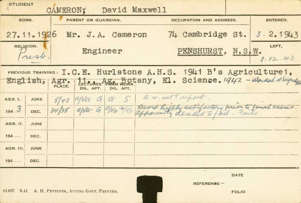 CAMERON, David Maxwell (Hawkesbury Diploma of Agriculture (HDA))