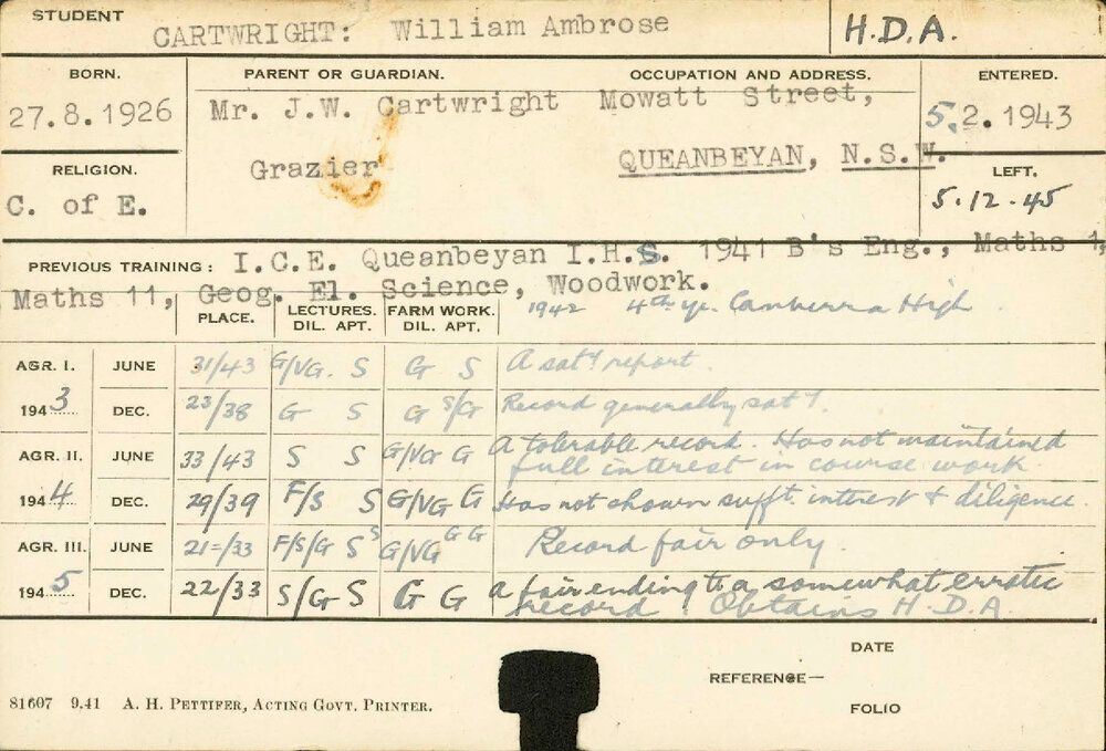 CARTWRIGHT, William Ambrose (Hawkesbury Diploma of Agriculture (HDA))