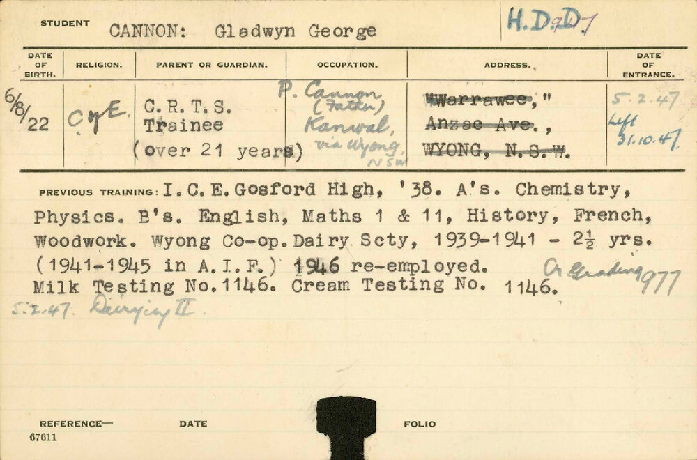 CANNON, Gladwyn George (Hawkesbury Diploma in Dairy (HDD))