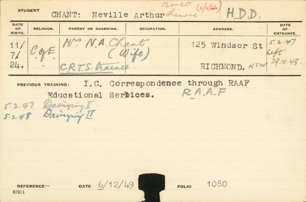 CHANT, Neville Arthur (Hawkesbury Diploma in Dairy (HDD) (Honours Class II))