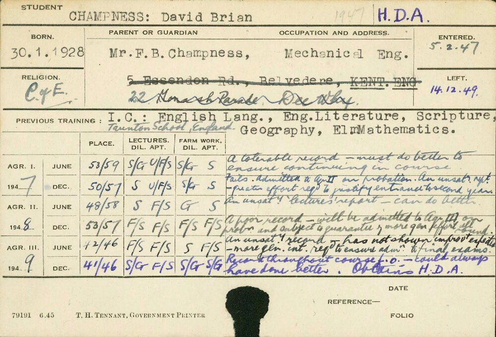 CHAMPNESS, David Brian (Hawkesbury Diploma of Agriculture (HDA))