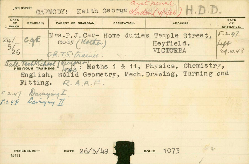 CARMODY, Keith George (Hawkesbury Diploma in Dairy (HDD))