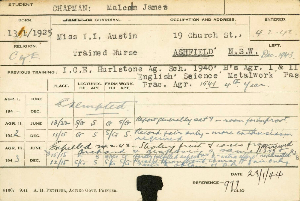 CHAPMAN, Malcolm James (Hawkesbury Diploma of Agriculture (HDA))